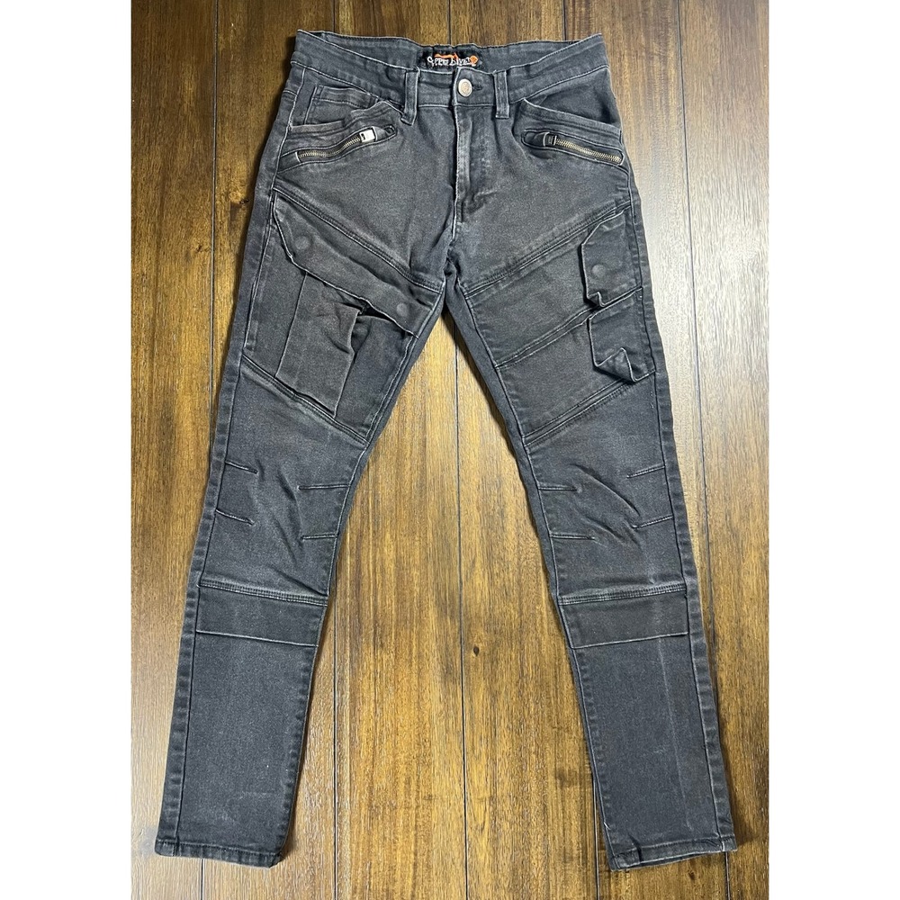 Copper Rivet Mens Moto Cargo Jeans Faded Black Slim Fit Ribbed Stretch 32x32
